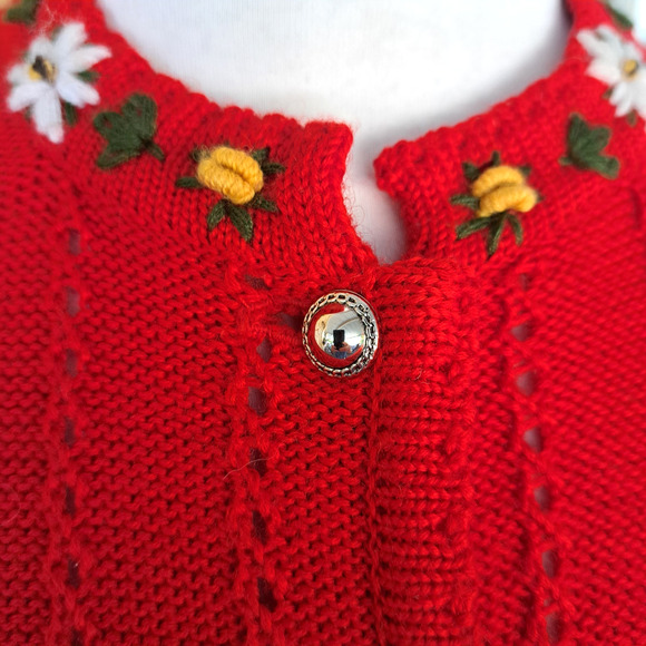 Pfister Austria Vintage Tyrolean Cardigan Sweater Red Floral Folk Embroidered L - Picture 9 of 11